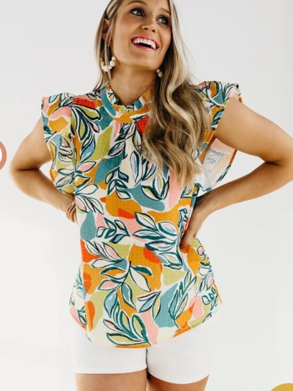 THML Tropical Botanical Ruffle Flutter Sleeve Blouse – Multicolor-XS- MSRP $69